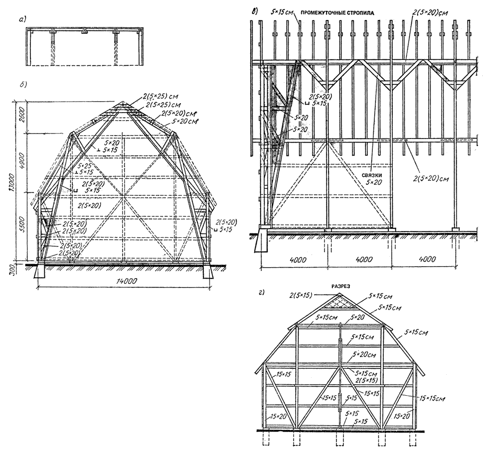 Сарай с «ломаным профилем» крыши: схема продольного разреза; то же, поперечного разреза